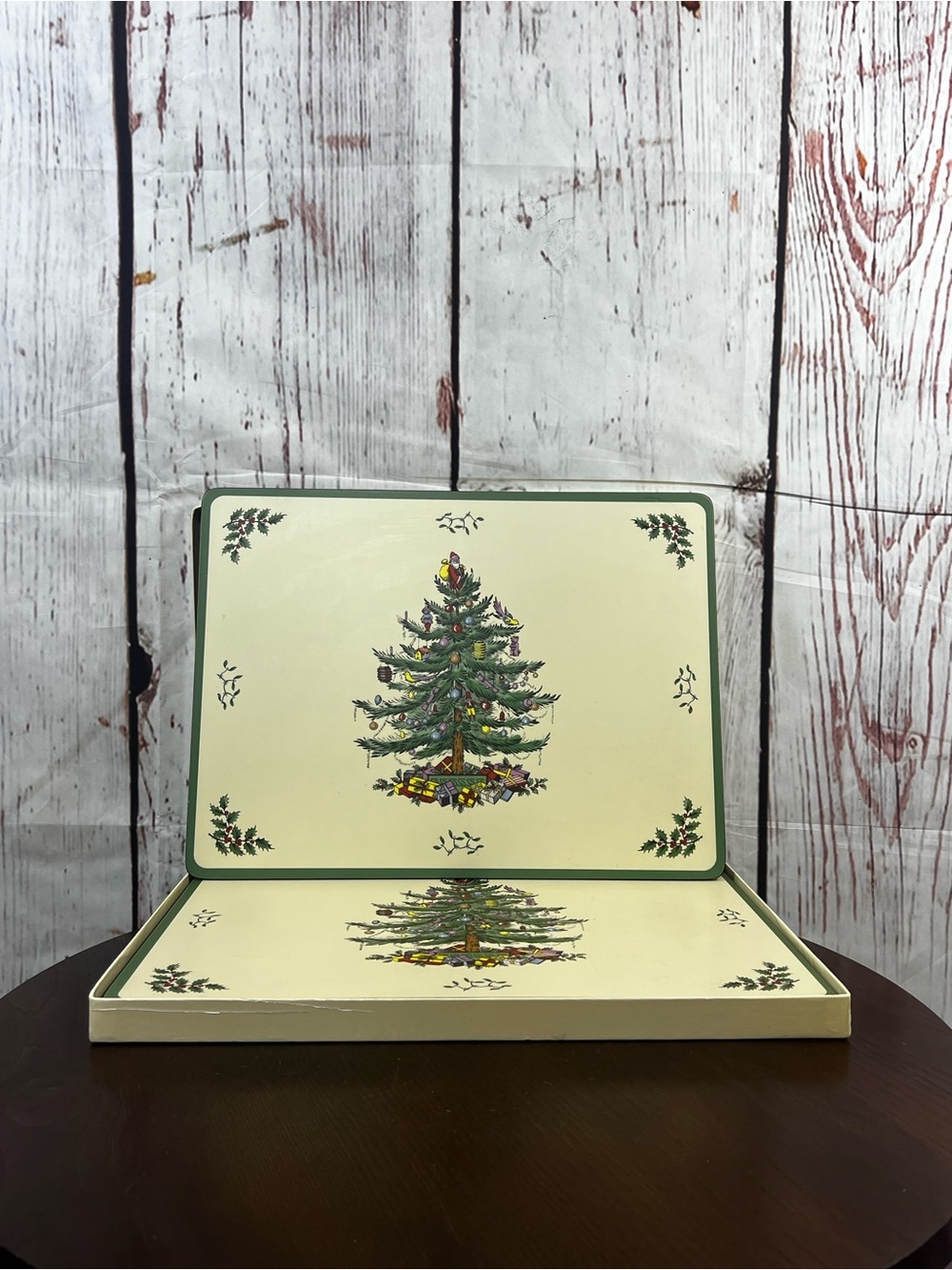 PIMPERNEL wooden Holiday Christmas Tree Serving Tray or Placemat Set - 4 pieces